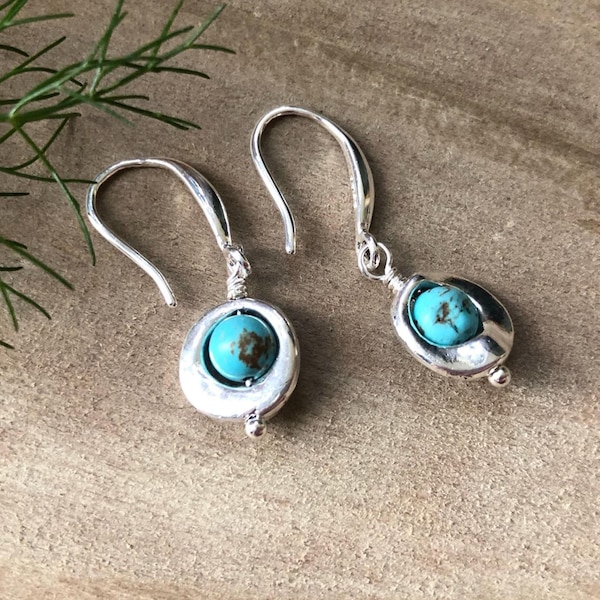Small Turquoise Silver Earrings. Minimalist Boho Earrings. Uk Handmade Jewellery