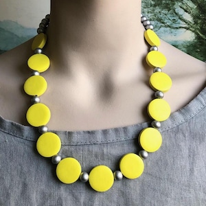 Yellow Wooden Bead Necklace. Wood Necklace. Fun & Funky Beaded Necklace. Disc Beads. Handmade Jewellery Gift. Geometric. Modern. Retro.