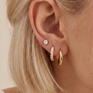 Gold Huggie Hoop Earring Set, CZ Ear Stack & Flat Back Stud, Hypoallergenic Clicker Hoops, Stackable Nap Earrings.