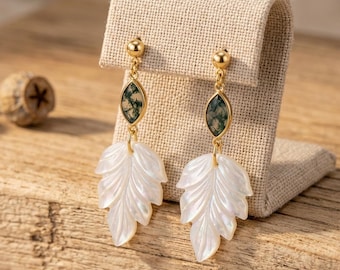 Natural Moss Agate Dangle Earrings, Dainty Mother of Pearl Leaf Drop Earrings,  Pierced Stud Earrings, Tree Leaves Botanical Jewellery.