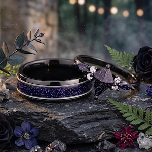Verlobungsring für schwarze Paare, Eheringe aus blauem Sandstein mit Drachenmotiv, passendes Verlobungsring-Set für Sie und Ihn, Ring „Sternennacht“.