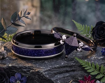 Anillo de compromiso para parejas negras, alianzas de boda de arenisca azul con diseño de cometa celestial, juego de anillos de promesa a juego para él y para ella, anillo Noche Estrellada.