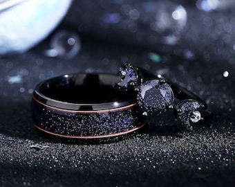 Sun and Moon Couples Rings – Orion Nebula Guitar String Blue Sandstone Wedding Band Anniversary Gift.