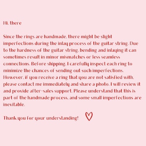 May include: Text explaining that handmade guitar string rings may have slight imperfections due to the process of bending and inlaying the string. The text also mentions that the seller inspects each ring before shipping to minimise imperfections and offers after-sales support if a customer is not satisfied with their purchase.