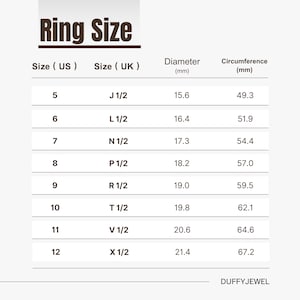 May include: Ring size conversion chart showing US and UK sizes, with diameter and circumference in millimeters. Sizes range from US size 5 (15.6mm diameter, 49.3mm circumference) to US size 12 (21.4mm diameter, 67.2mm circumference).