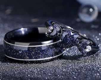 Orion Nebula Heart Shape Couples Rings – Guitar String Blue Sandstone Wedding Band Anniversary Gift.