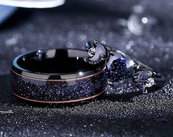 Heart Shape Orion Nebula Couples Rings, Guitar String Matching Promise Couple Rings,His and Hers Blue Sandstone Wedding Band.