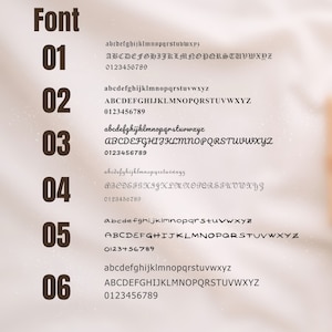 May include: A display of six different font styles, numbered 01 to 06. Each font is shown with the alphabet in both lowercase and uppercase, plus the numbers 0 to 9. The fonts range in style, including classic and script variations, for design choices.