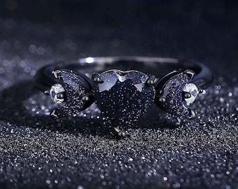 Anillo de compromiso de piedra arenisca azul, anillo de corazón de sol y luna para mujer.
