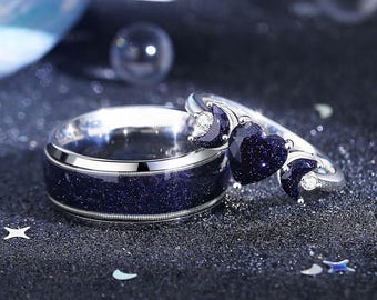 Heart Shape Orion Nebula Couples Rings – 925 Sterling Silver Guitar String Wedding Band Anniversary Gift.