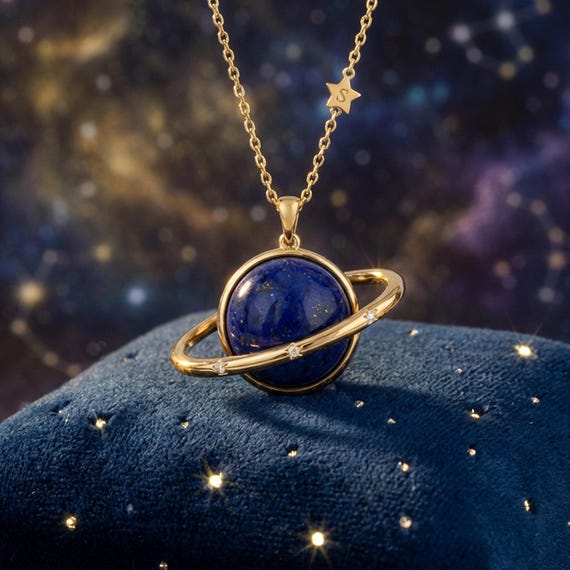 Lapis Lazuli Necklace, Saturn Necklace with Custom Date & Initials, Space Gift for Women.