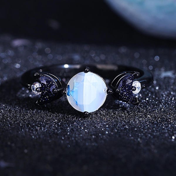 Bague pierre de lune croissant de lune, bijoux galaxie étoilée