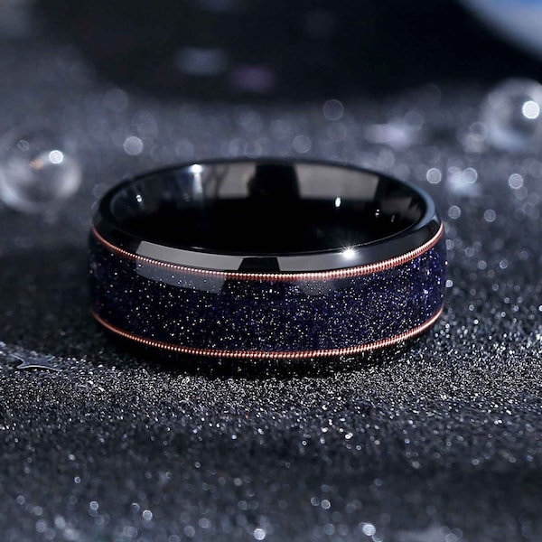Guitar String Wedding Band, Blue Sandstone Inlay, Black Anniversary Band.