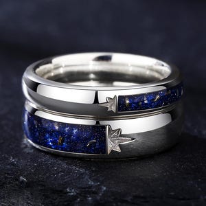 Couple Promise Rings Set, Meteorite Matching Rings, Galaxy Celestial Band, 925 Silver, Unique Gift for Him and Her.