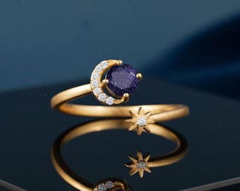Sun and Moon Adjustable Ring, Blue Sandstone Inlay Star Open Ring for Mother.