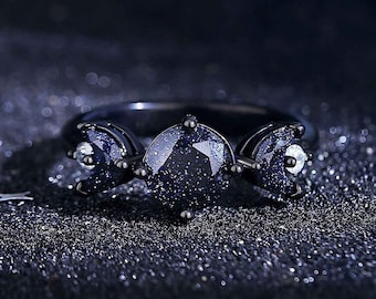 Anillo de promesa de piedra arenisca azul de sol y luna para mujer, anillo de bodas celestial.