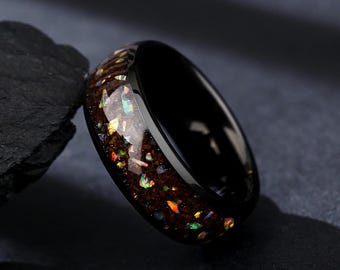 Dinosaur Bone & Rainbow Opal Titanium Ring Set: 8mm Wedding Bands