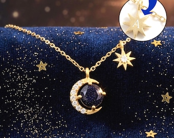 Collar de luna y estrella de arenisca azul, joyería celestial dorada con dije inicial personalizado.