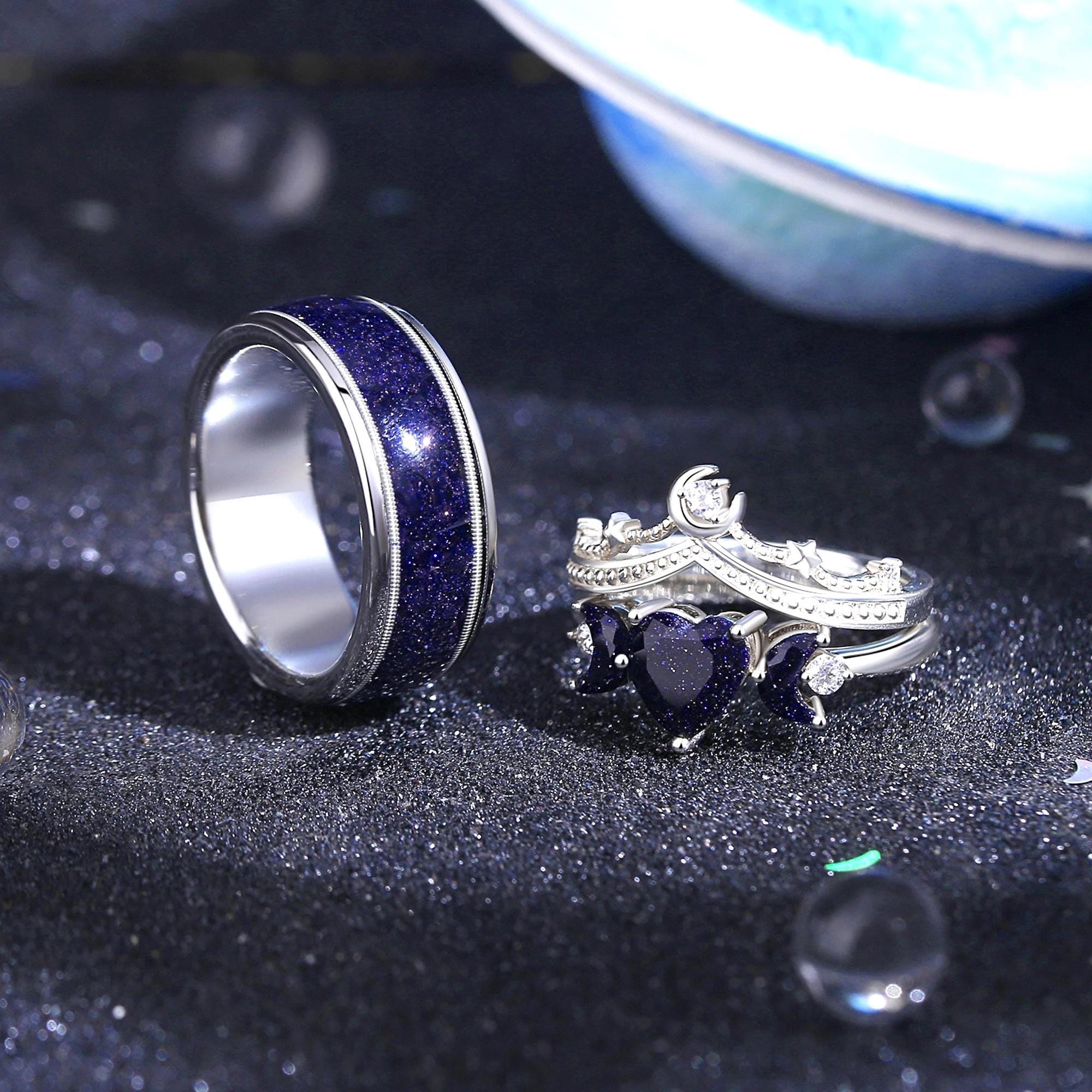 Celestial Couple's Ring Set for 3, Starry Night, Moon, Blue Goldstone, Engraved.