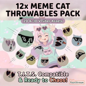 May include: An image promoting "12x Meme Cat Throwables Pack" for 2D & 3D VTuber assets. The design features cartoon cat heads with sunglasses, surrounding a cartoon character. Text includes "T.I.T.S. Compatible & Ready to Chaos!"