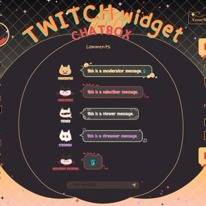 Op de afbeelding: Een aanpasbaar Twitch chatbox widget ontwerp met een donkere achtergrond en oranje en gele accenten. Het ontwerp bevat de tekst "TWITCH widget CHATBOX" en "AANPASBAAR". Het bevat voorbeelden van chatberichten voor moderator, abonnee, kijker en streamer.