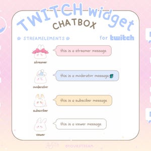 May include: A pink and white illustration of a Twitch chatbox widget with customizable avatars for streamer, moderator, subscriber, and viewer. The text reads "TWITCH widget CHATBOX for twitch".