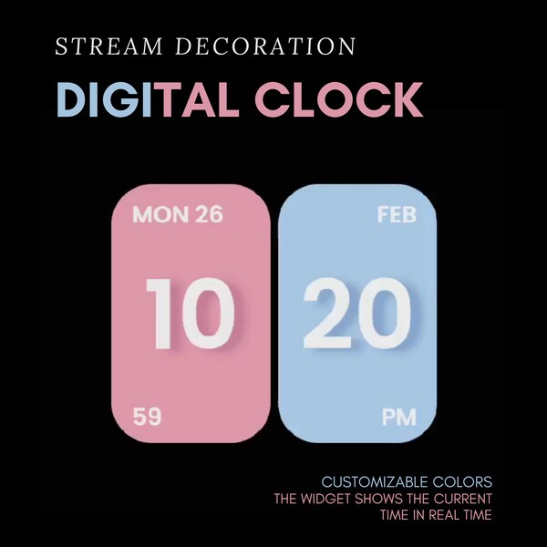 Baby pink&blue theme Digital clock l stream decoration l twitch overlay l show the time l stream assets l customizable color widget
