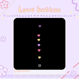 Puede incluir: Gráfico digital con el texto "Love button" en fuente naranja claro. Un rectángulo negro contiene una serie de corazones coloridos: morado, rosa, amarillo, morado, rosa y un corazón con contorno blanco. El fondo es lila claro.