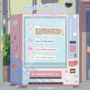 Puede incluir: Ilustración de una máquina expendedora rosa y azul con el texto "Chat widget & Chat box". La máquina muestra ejemplos de mensajes de chat, incluidos mensajes de streamer, moderador y suscriptor. El texto "STREAMELEMENTS" también es visible.