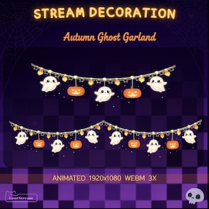 May include: Animated Halloween stream decoration featuring two garlands. Each garland has white ghost and orange pumpkin decorations. The text reads "Stream Decoration" and "Autumn Ghost Garland". The background is purple with a checkered pattern.