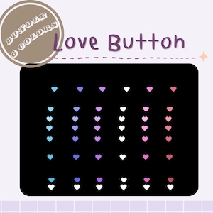 Puede incluir: Un conjunto de seis botones en forma de corazón de diferentes colores. Los botones están dispuestos en filas sobre un fondo negro. El texto "Love Button" está escrito sobre los botones. El texto "Bundle 6 Colors" está escrito en un círculo en la esquina superior izquierda de la imagen.