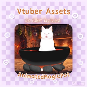 May include: Digital illustration of a white cat in a black cauldron with red liquid, labelled "Animated Magic Pot." The image includes text "Vtuber Assets" and "6X Colors Included" on a purple background with heart and flower icons.