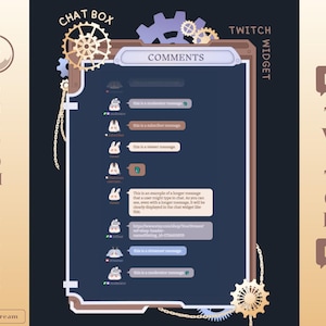 Może przedstawiać: Konfigurowalny widget Twitch w stylu steampunk. Okno czatu ma ciemnoniebieskie tło z białymi dymkami. Dekoracyjne koła zębate i łańcuchy obramowują projekt, z napisami "CHAT BOX", "COMMENTS" i "TWITCH WIDGET".