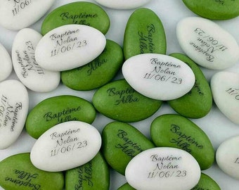 Personalized sugared almonds with your text | Chocolate sugared almonds 71% cocoa: Eucalyptus green and white | 400g approximately 150 sugared almonds