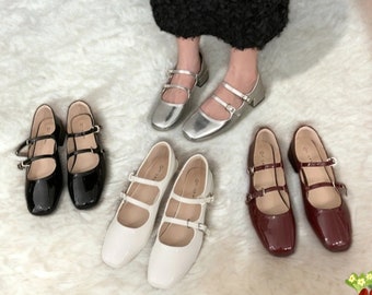 Mary Janes à double bride à la cheville et talon moyen pour femme | Ballerines rétro | Chaussures habillées faites main à brides réglables pour femmes