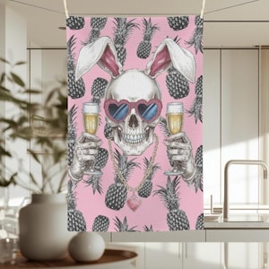 Torchon ananas rose – Torchon de cuisine amusant en forme de lapin squelette, décoration de cuisine fantaisiste, cadeau unique pour Halloween, cadeau de pendaison de crémaillère effrayant