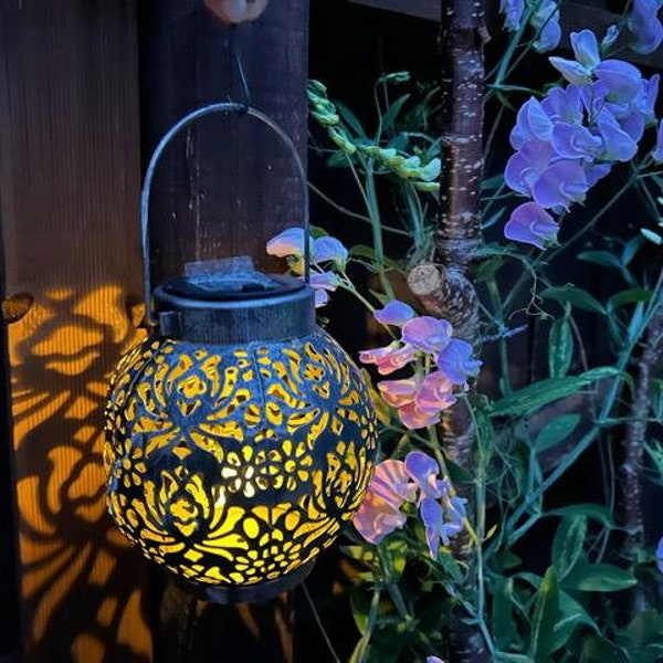 Light- Outdoor Solar Copper Lantern Rechargeable Highly Decorative Metal Handle for Hanging Patterns Relaxing Mood Gift Idea