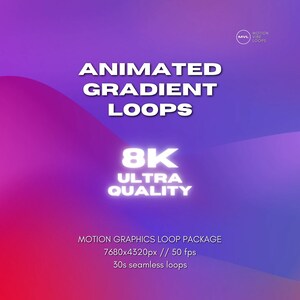 以下が含まれることがあります： 紫とピンクのグラデーションの背景に、白い文字で「ANIMATED GRADIENT LOOPS 8K ULTRA QUALITY MOTION GRAPHICS LOOP PACKAGE 7680x4320px // 50 fps 30s seamless loops MOTION VIBE LOOPS」と書いてあります。