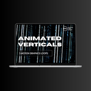 Op de afbeelding: Een laptopscherm dat een digitaal kunstontwerp weergeeft van geanimeerde verticale lijnen in blauw en wit op een zwarte achtergrond. De tekst "ANIMATED VERTICALS" wordt weergegeven in wit vetgedrukt. De tekst "3 MOTION GRAPHICS LOOPS" wordt weergegeven in wit. De tekst "MVL MOTION VIBE LOOPS" wordt weergegeven in een cirkel met een blauwe achtergrond.