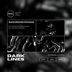 Può includere: Una grafica digitale con sfondo scuro e linee bianche a spirale. L'immagine include il testo "BACKGROUND PACKAGE" e "DARK LINES". Indica anche "3x horizontal 4K Loops" e "3x various speeds". L'immagine ha anche il testo "3 VISUAL LOOPS" con le opzioni "LOW", "MID" e "HIGH".