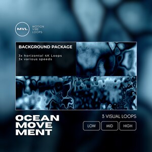May include: A digital art package featuring three 4K video loops of abstract ocean-like movement in blue and white. The loops are available in three speeds: low, mid, and high.