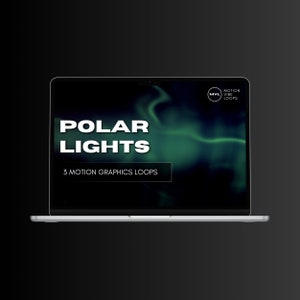 Może przedstawiać: Ekran laptopa wyświetlający abstrakcyjny wzór w kolorze zielonym i czarnym z tekstem "POLAR LIGHTS" i "3 MOTION GRAPHICS LOOPS". W prawym górnym rogu ekranu znajduje się logo z tekstem "MOTION VIBE LOOPS" i inicjałami "MVL".