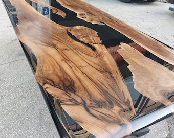 Table Basse Moderne En Bois Massif Et époxy – Fait Main, Forme Ovale, Noir Et Blanc