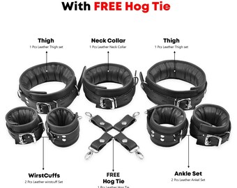 7 Pcs Harness Real Cow Leather Wrist, Ankle, Thigh Cuffs & Neck collar Black Restraint Bondage Set Black Leather padded Lockable Cuffs