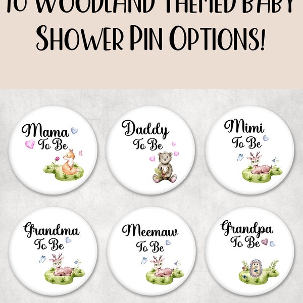 Baby Shower Woodland Themed Pin Buttons, Family Name Tags, Mama To Be, Gender Neutral Baby Shower, Woodland Baby Keepsake