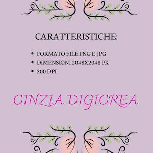 Op de afbeelding: Een lichtpaarse digitale afbeelding met symmetrische bloemillustraties met gele bloemen en roze blaadjes. De tekst luidt: CARATTERISTICHE: FORMATO FILE PNG E JPG, DIMENSIONI 2048X2048 PX, 300 DPI, en CINZIA DIGICREA in roze schrijfletters.