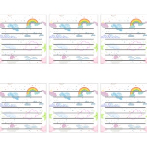 Può includere: Sei fogli di carta da lettere a righe con un design stravagante. Ogni foglio presenta un arcobaleno, nuvole, stelle e un sole. I bordi hanno accenti rosa, verdi e viola. I fogli sono progettati per scrivere note o lettere.