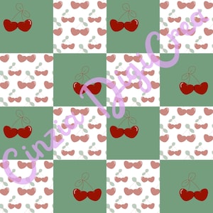 Puede incluir: Un patrón repetitivo con un diseño de tablero de ajedrez de cuadrados verde salvia sólidos y cuadrados blancos decorados con pequeñas cerezas rojas y hojas verde claro. El texto Cinzia DigiCrea está superpuesto en letra cursiva morada.