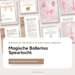 May include: A pink and white printable scavenger hunt for a ballerina themed birthday party. The printable includes instructions, a diploma, and cards with clues and images. The text on the cards reads "Speurtocht" which is Dutch for scavenger hunt.