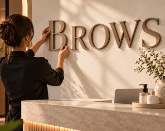 BROWS 3D Wandbuchstaben selbstklebend - Brow Bar Wanddeko, Schwarz Weiß Beige, 8 Schriftarten